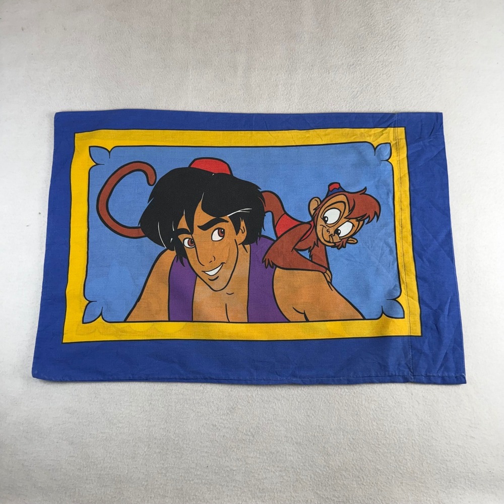 Vintage Disney Aladdin Pillowcase Genie Abu Double Sided Standard Blue 90s